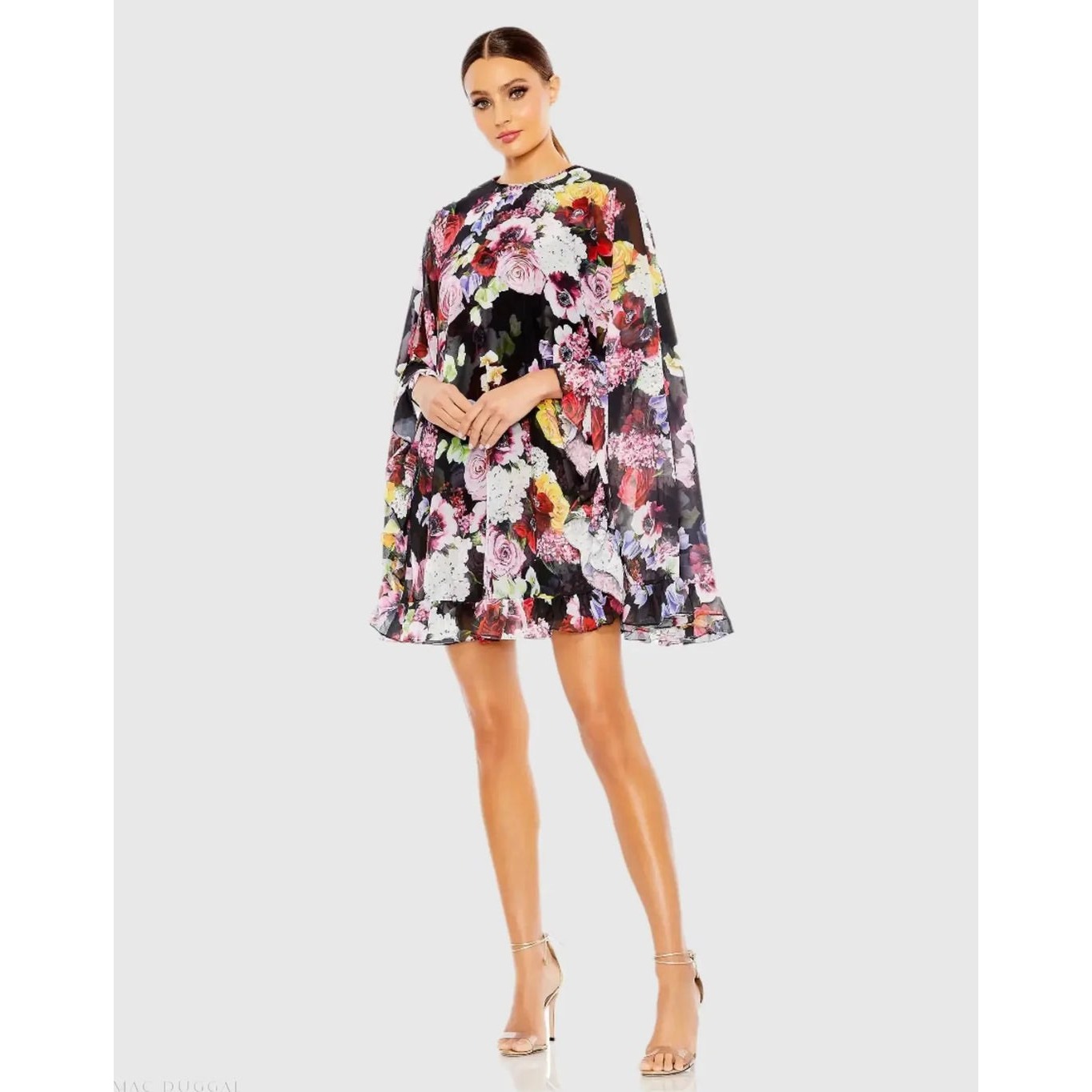 Mac Duggal Floral Print Chiffon Cape Dress Ruffle Mini Shift Multi Color55404